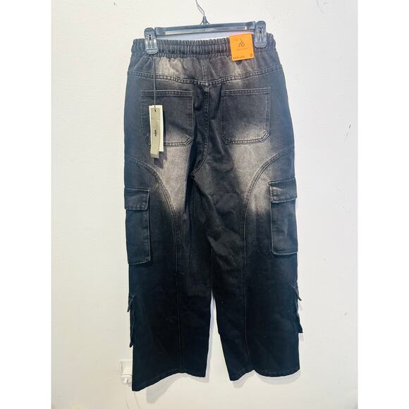 AMERICAN BAZI Black Washed Wide-Leg Cargo Style Drawstring Pants NWT size Small - Picture 5 of 14